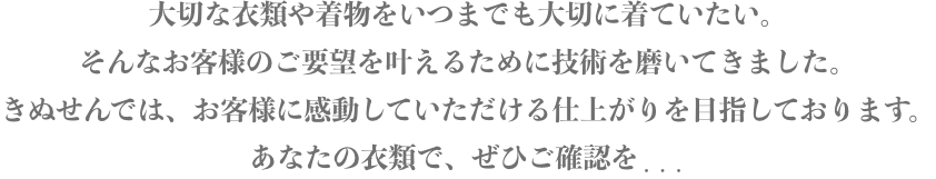 大切な衣類や着物をいつまでも大切に着ていたい。そんなお客様のご要望を叶えるために技術を磨いてきました。きぬせんでは、お客様に感動していただける仕上がりを目指しております。あなたの衣類で、ぜひご確認を・・・